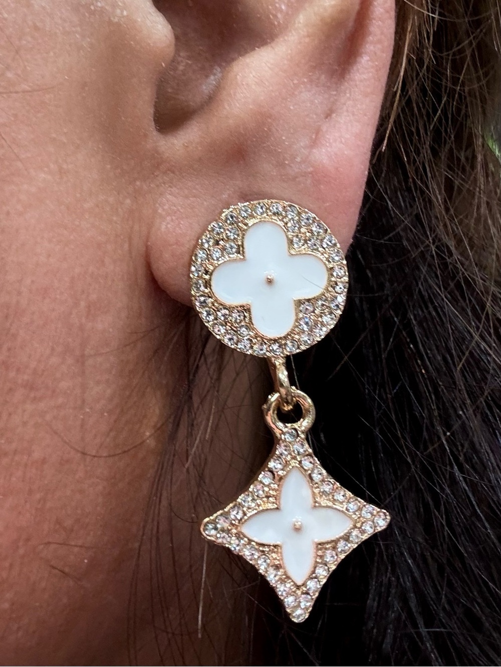 Gold-Tone Drop Earrings with White Enamel Floral Motifs